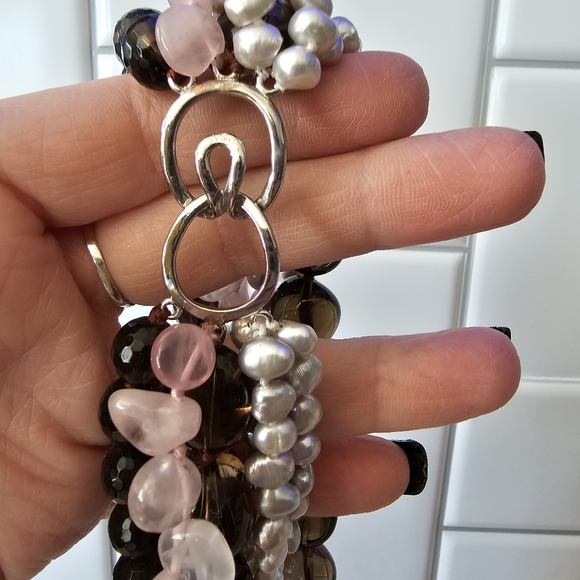 Hand Crafted Jewelry Amazing Multistrand Genuine Stone Necklace Pearls Rose Quartz Citrine